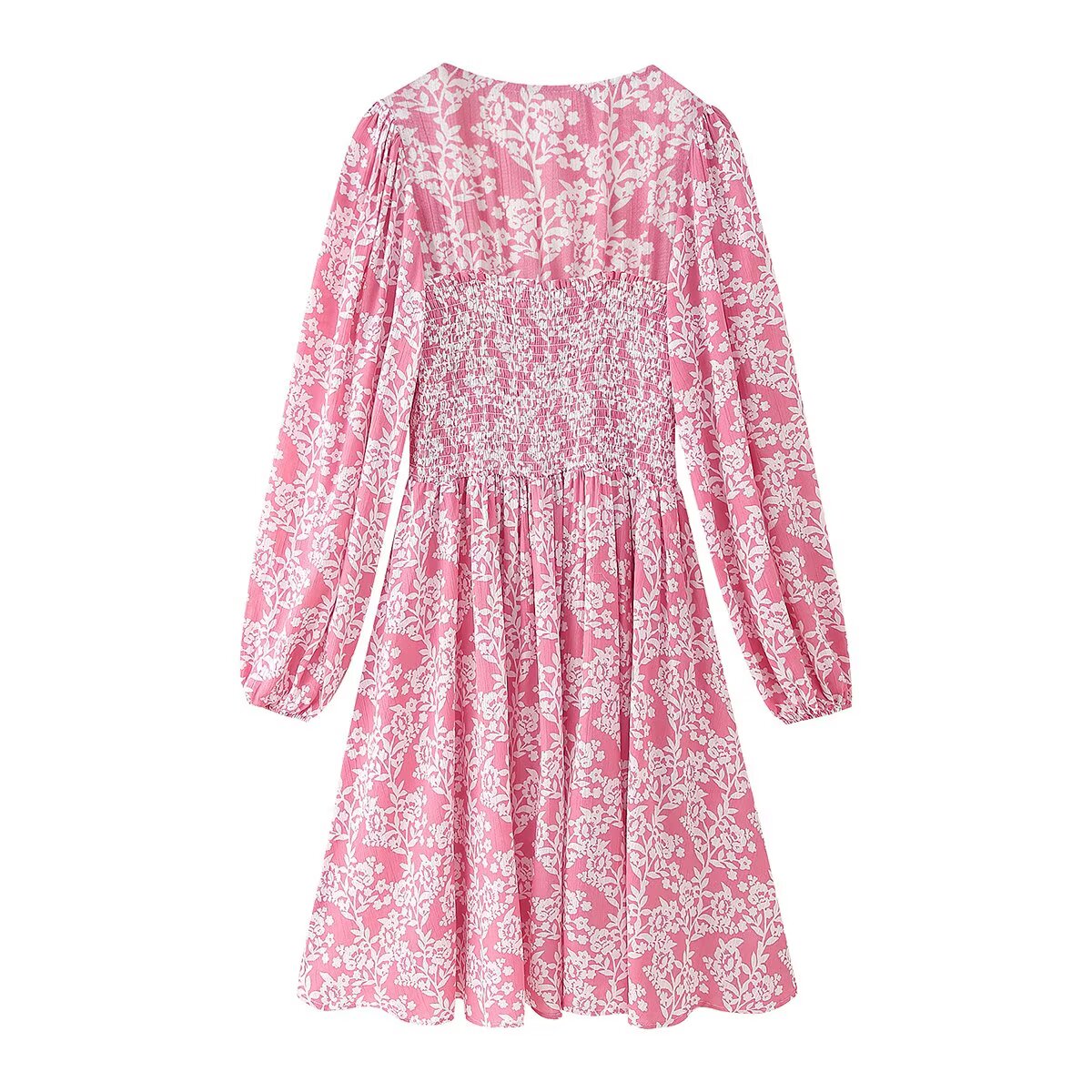 Printed Ruched Long-Sleeve A-Line Midi Dress
