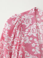 Printed Ruched Long-Sleeve A-Line Midi Dress