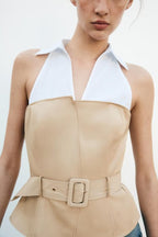Women's Spring Women Clothing Simple Hanging Collar Patchwork Top
