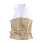 Women's Spring Women Clothing Simple Hanging Collar Patchwork Top
