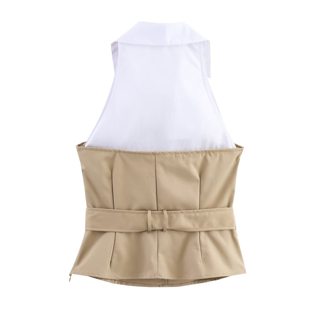 Women's Spring Women Clothing Simple Hanging Collar Patchwork Top