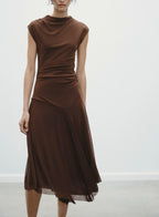 Round Neck Sleeveless Pleated Decoration Silk Net Dress