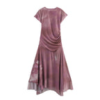 Round Neck Sleeveless Pleated Decoration Silk Net Dress