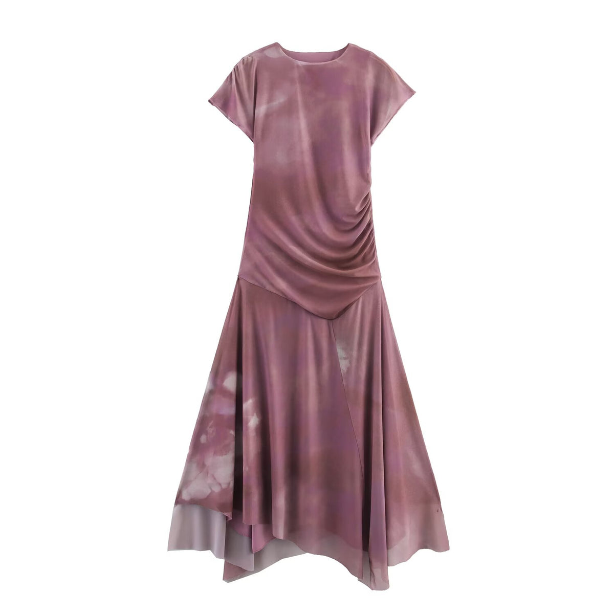 Round Neck Sleeveless Pleated Decoration Silk Net Dress