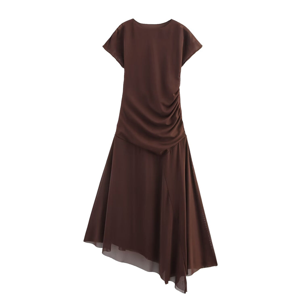 Round Neck Sleeveless Pleated Decoration Silk Net Dress