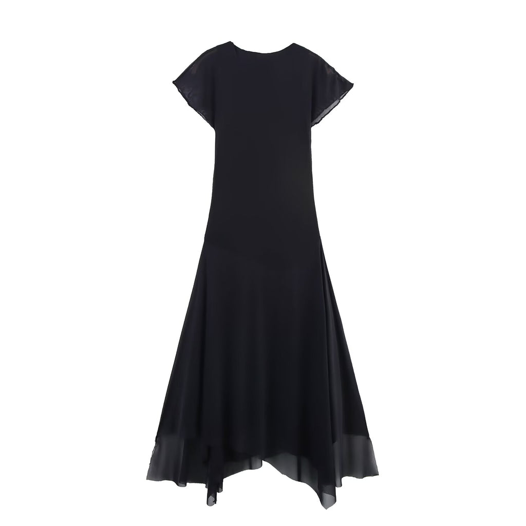 Round Neck Sleeveless Pleated Decoration Silk Net Dress