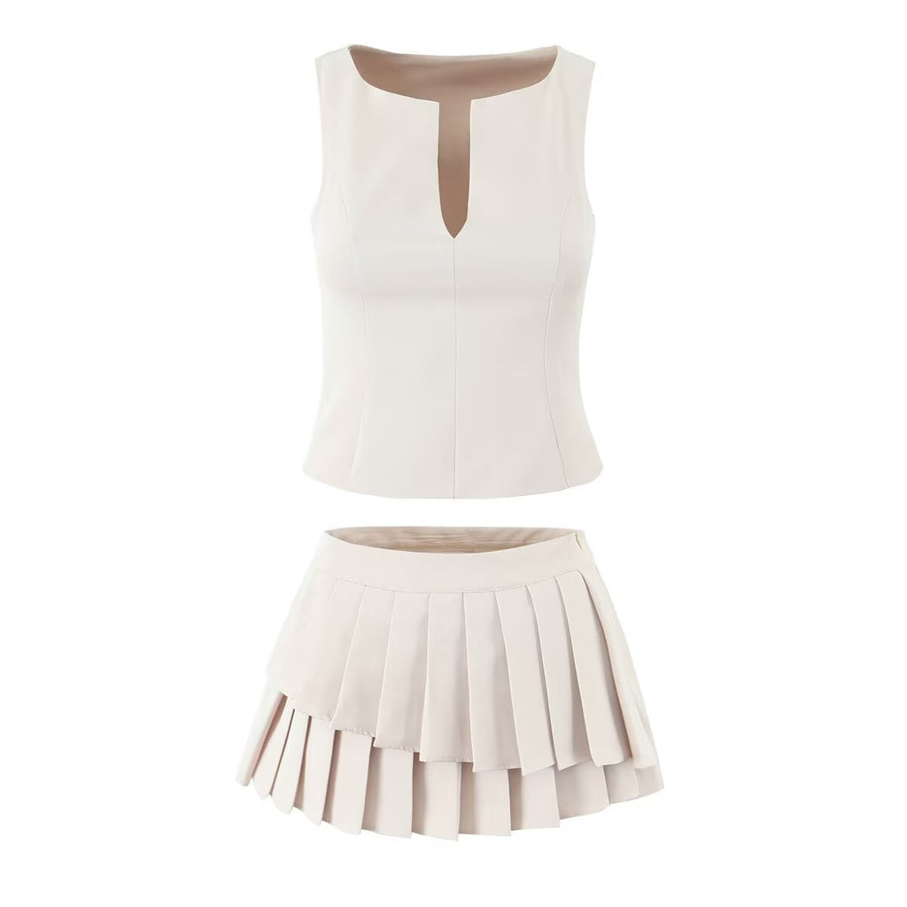 Women's Pleated Asymmetric V-Neck Top and Skirt Two-Piece Set