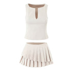 Women's Pleated Asymmetric V-Neck Top and Skirt Two-Piece Set