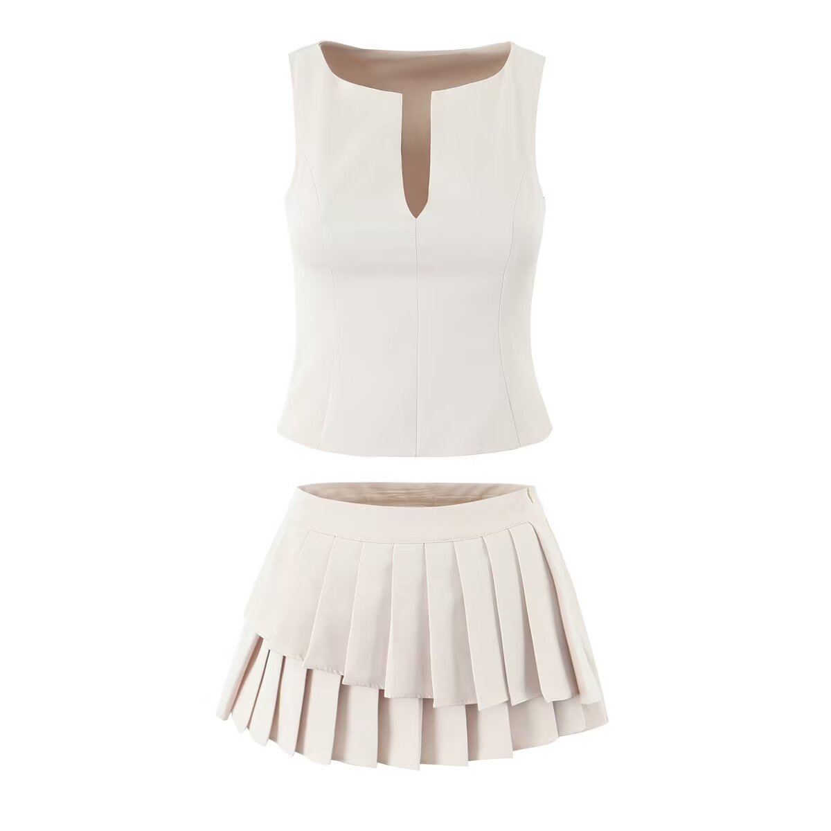 Women's Pleated Asymmetric V-Neck Top and Skirt Two-Piece Set