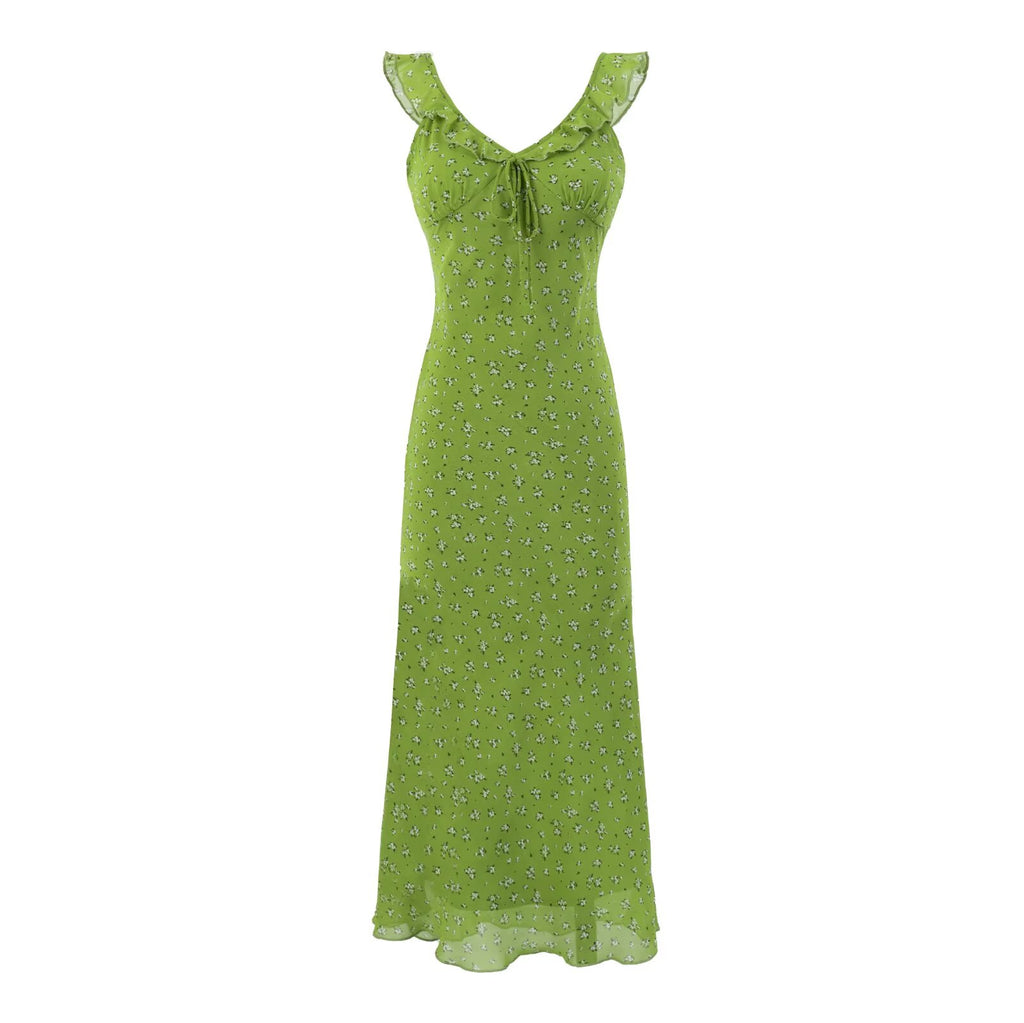 Women's V-Neck Floral Ruched Ruffle Midi Dress
