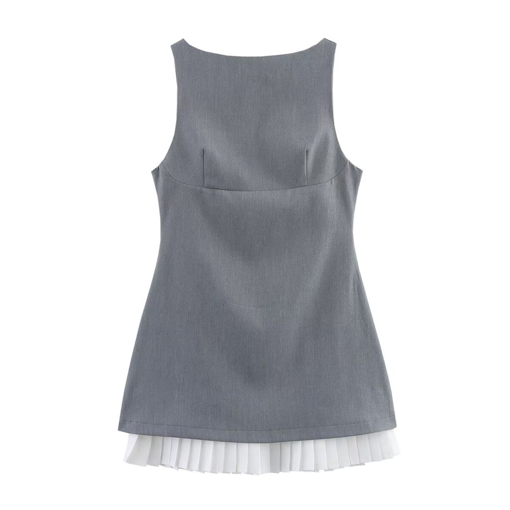 Poplin Stitching Sleeveless Boat-Neck Dress