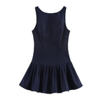 Denim Crew-Neck Backless Ruched A-Line Mini Dress