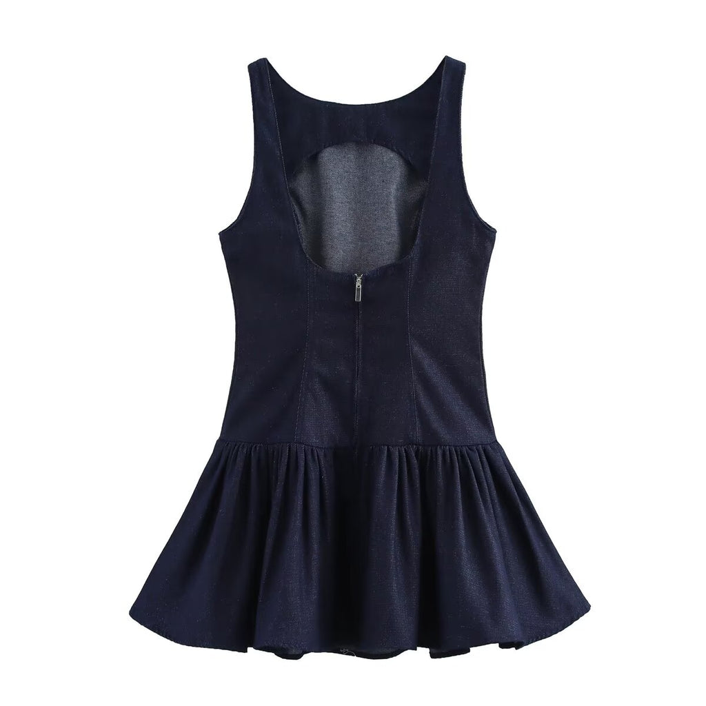 Denim Crew-Neck Backless Ruched A-Line Mini Dress