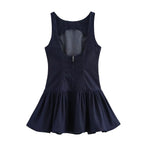 Denim Crew-Neck Backless Ruched A-Line Mini Dress