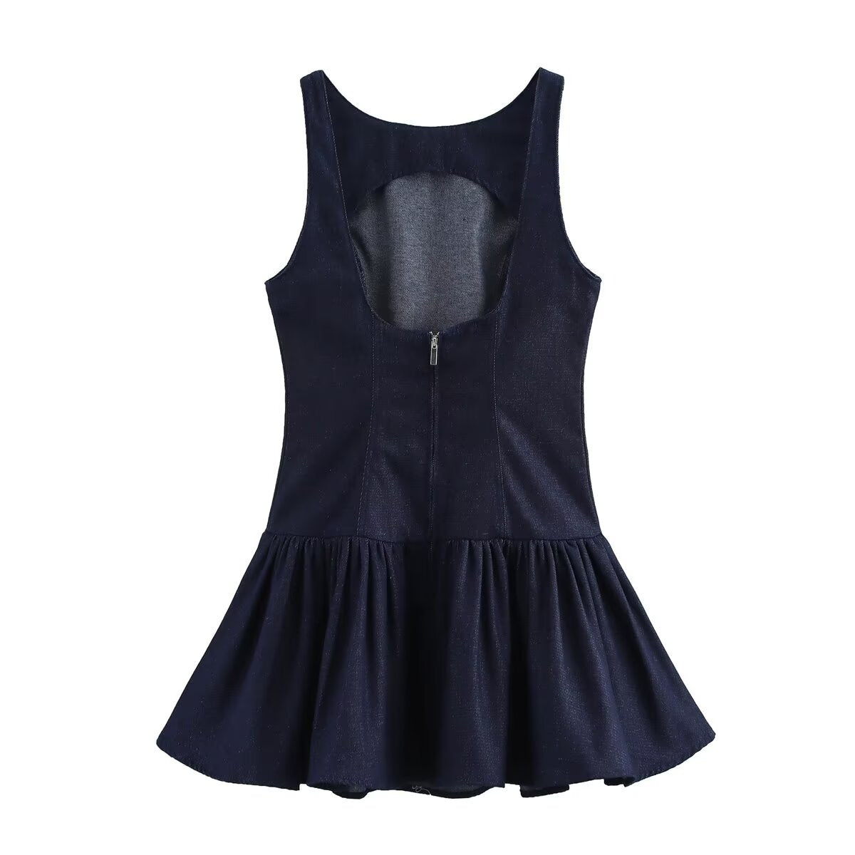 Denim Crew-Neck Backless Ruched A-Line Mini Dress