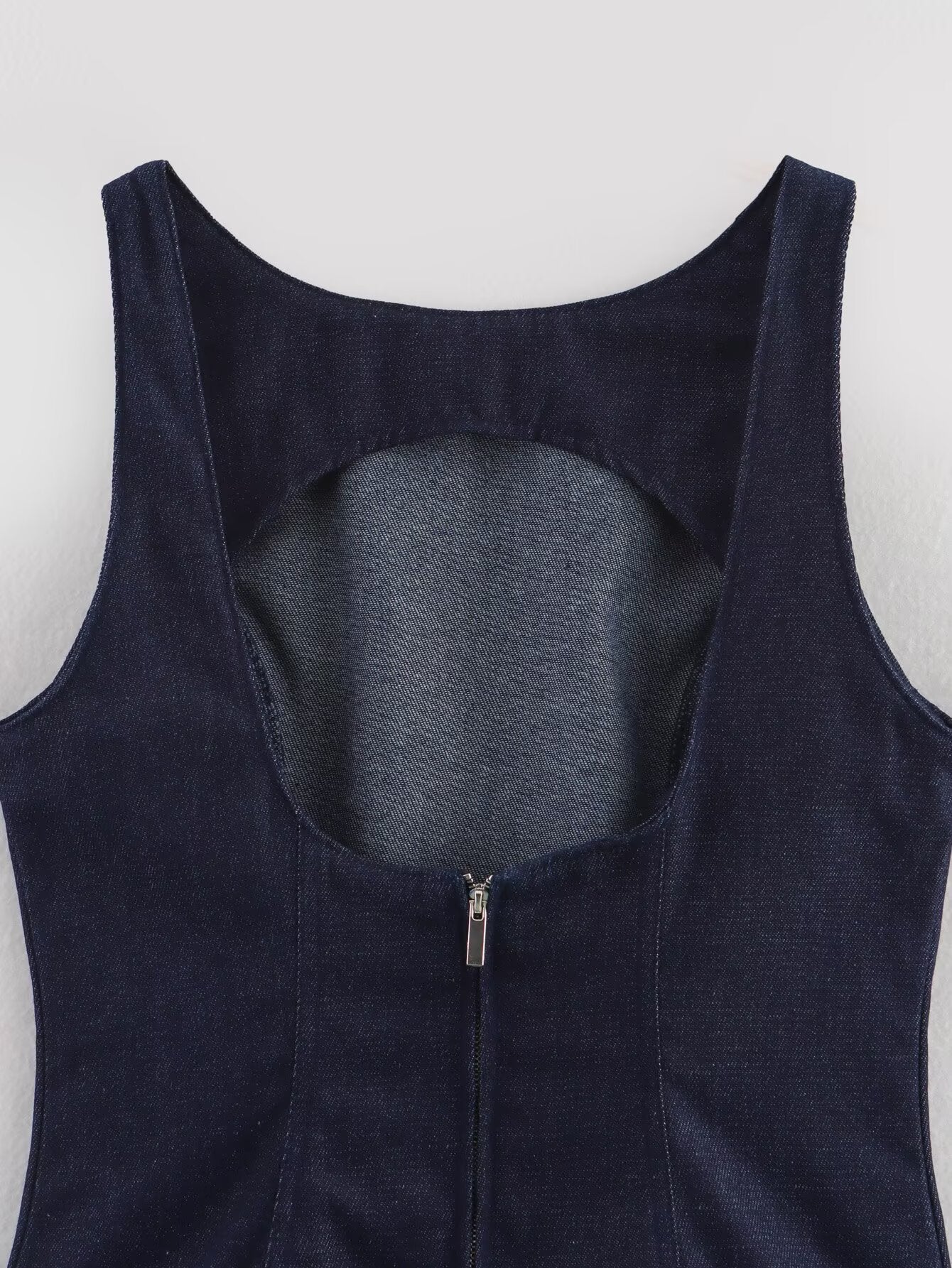 Denim Crew-Neck Backless Ruched A-Line Mini Dress