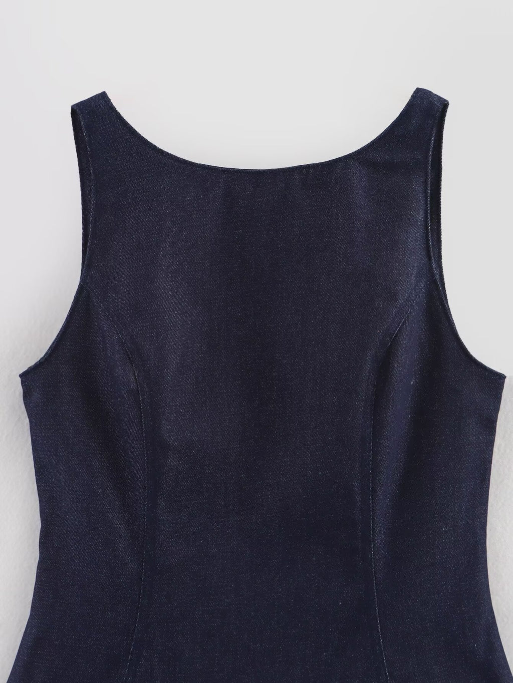 Denim Crew-Neck Backless Ruched A-Line Mini Dress