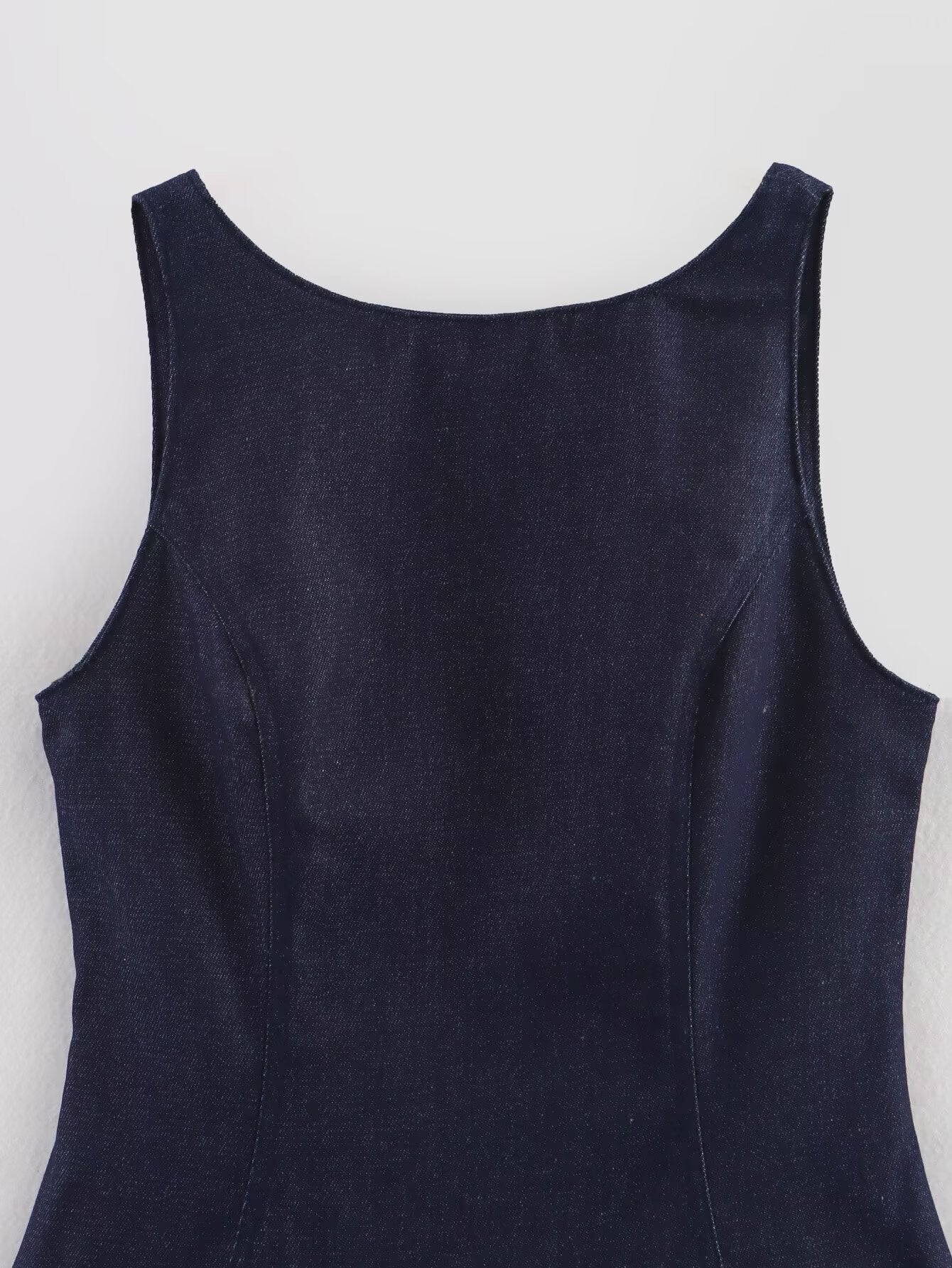 Denim Crew-Neck Backless Ruched A-Line Mini Dress