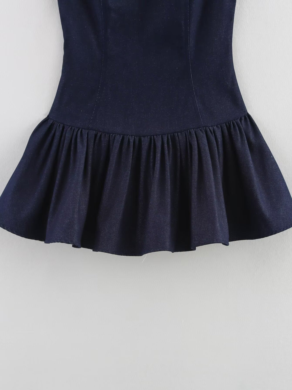 Denim Crew-Neck Backless Ruched A-Line Mini Dress