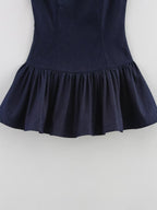 Denim Crew-Neck Backless Ruched A-Line Mini Dress