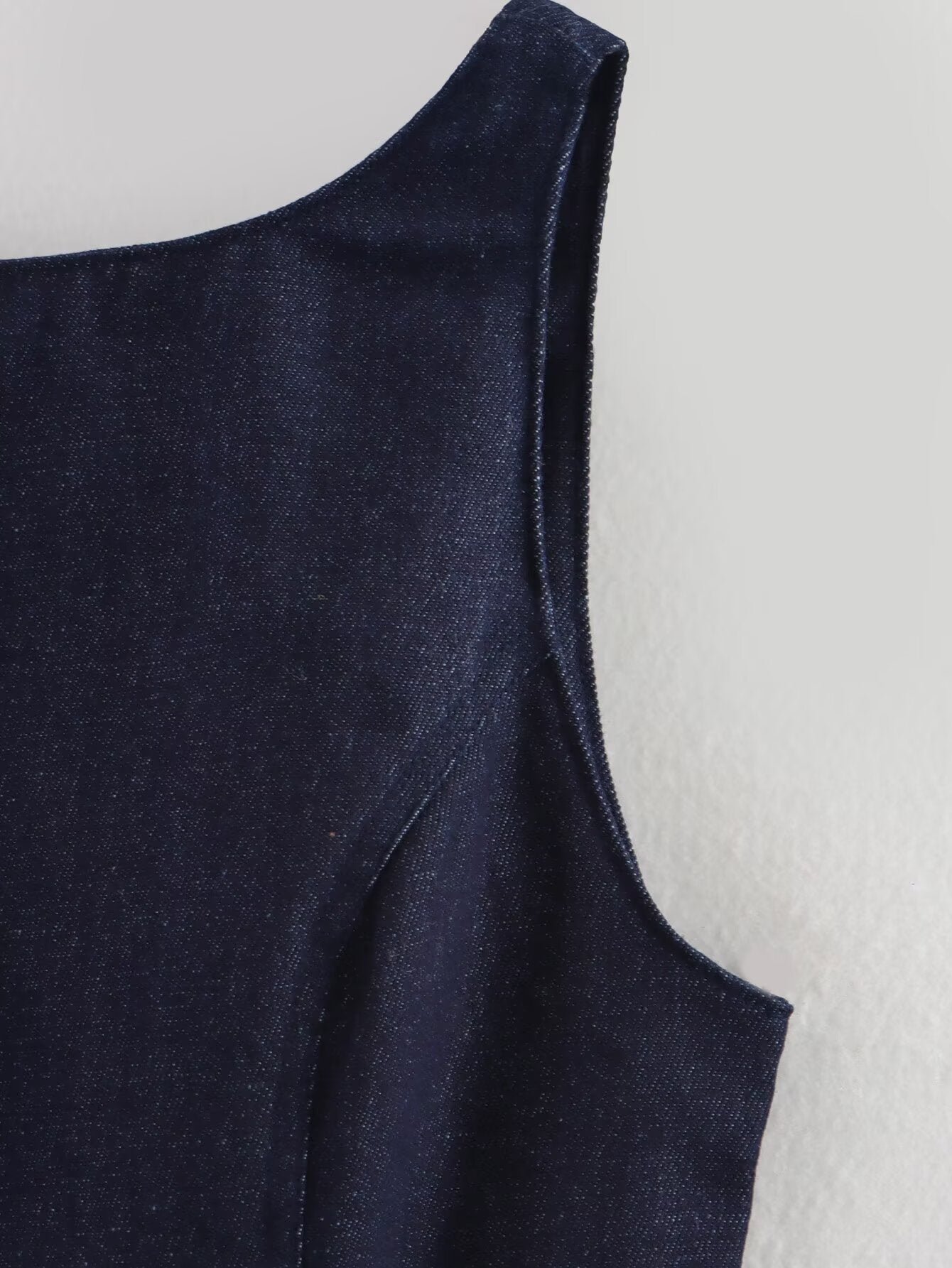 Denim Crew-Neck Backless Ruched A-Line Mini Dress