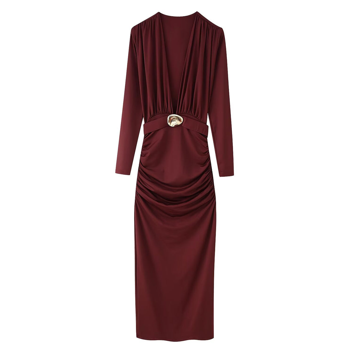 Women's Belted Ruched Bodycon Maxi Dress