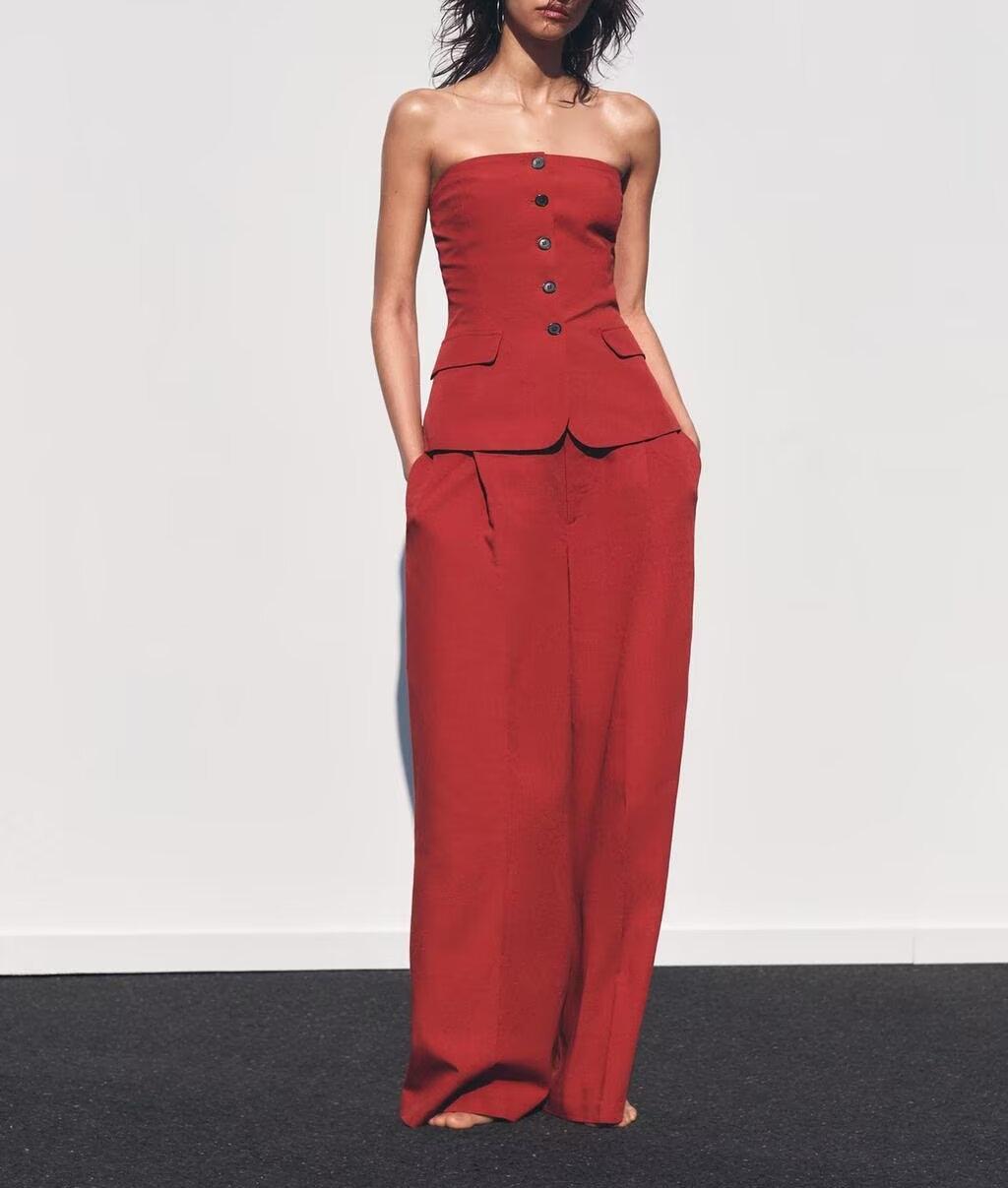 Women's Solid Color Decorated Row Button Tube Top Pant Set