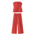 Women's Solid Color Decorated Row Button Tube Top Pant Set