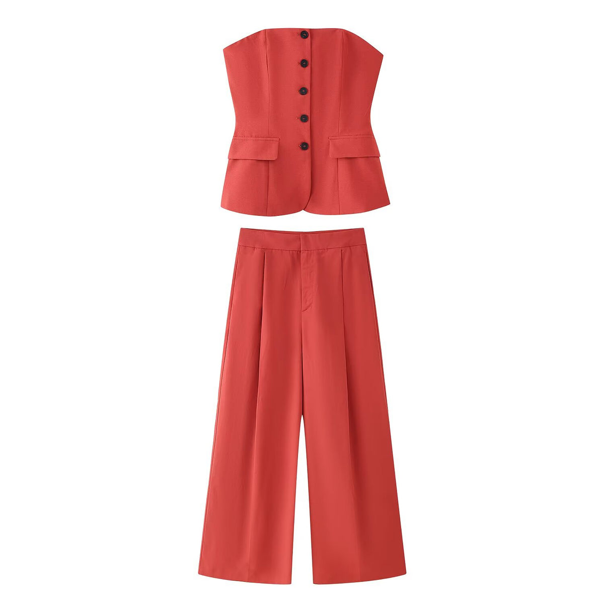 Women's Solid Color Decorated Row Button Tube Top Pant Set