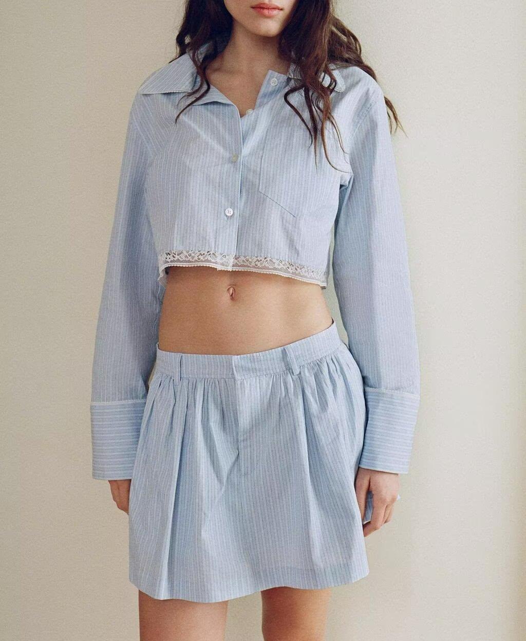 Women's Lace Striped Short Shirt Half Culottes Sets