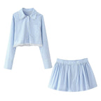 Women's Lace Striped Short Shirt Half Culottes Sets