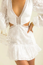 Women Clothing Casual V neck Lace Waist Opening Dress