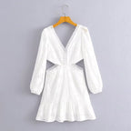 Women Clothing Casual V neck Lace Waist Opening Dress