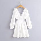 Women Clothing Casual V neck Lace Waist Opening Dress