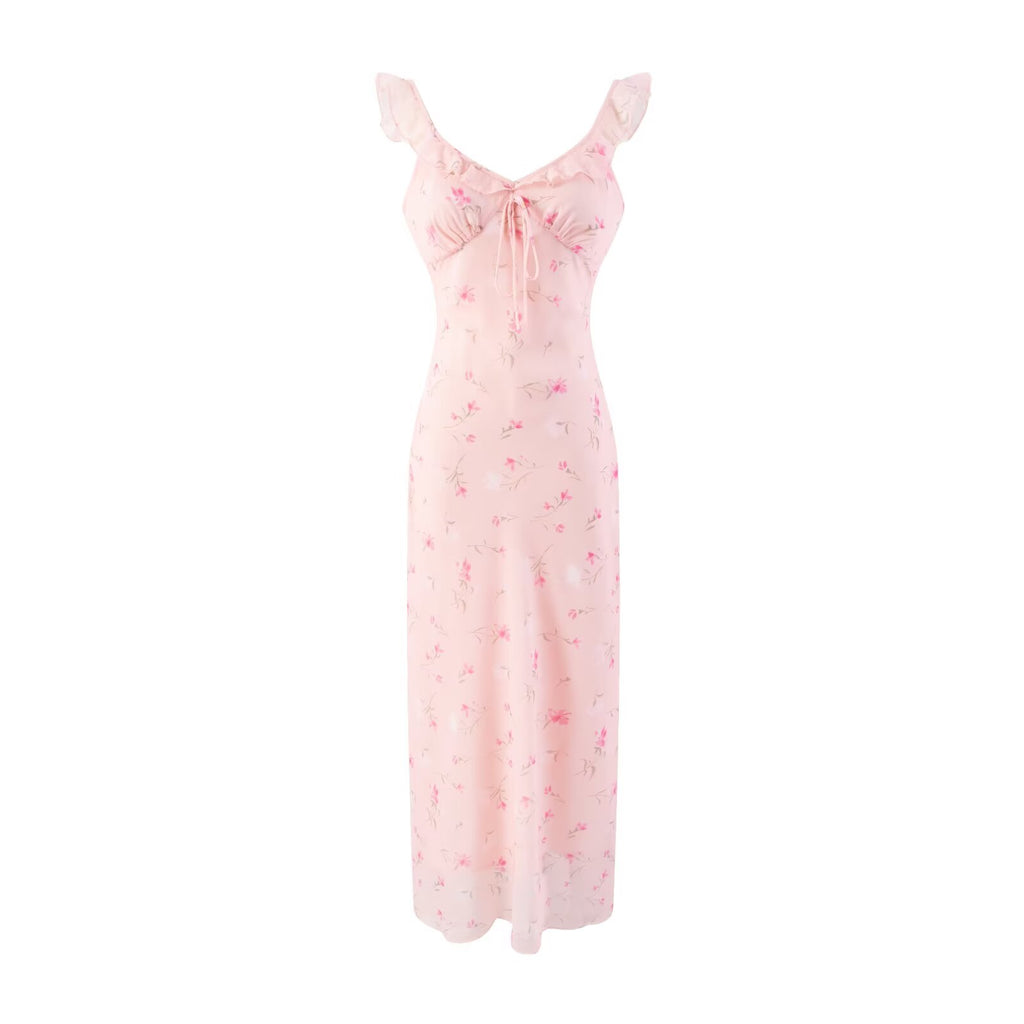 Women's V-Neck Floral Ruffle Bodycon Midi Dress