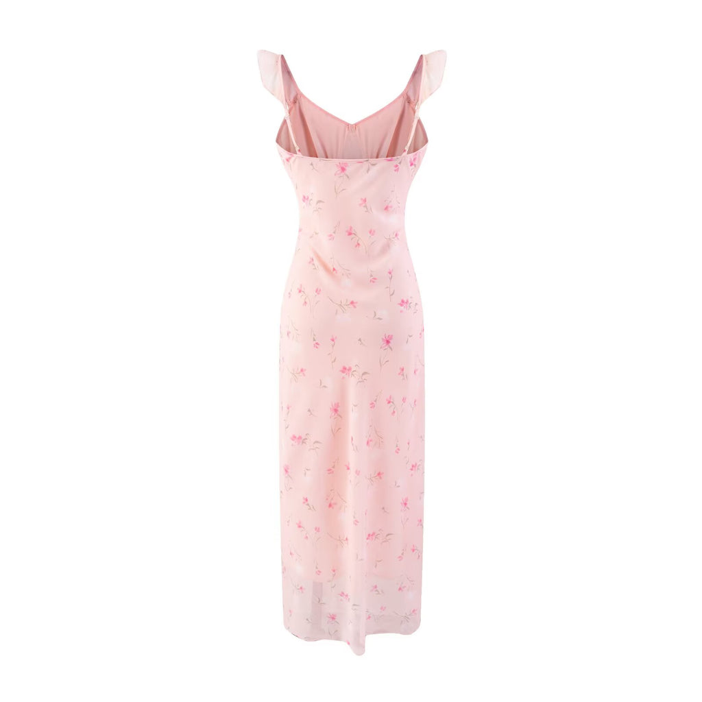 Women's V-Neck Floral Ruffle Bodycon Midi Dress