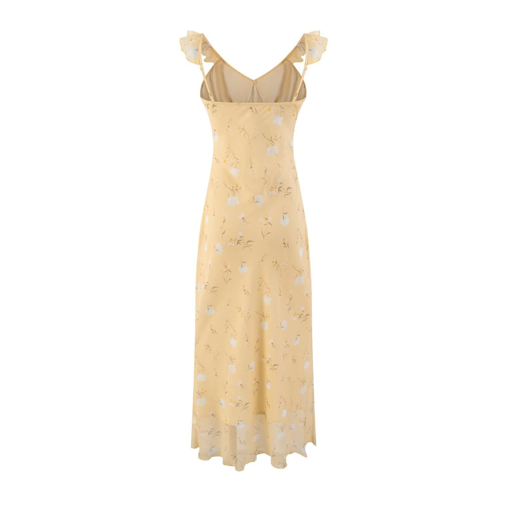Women's V-Neck Floral Ruffle Bodycon Midi Dress