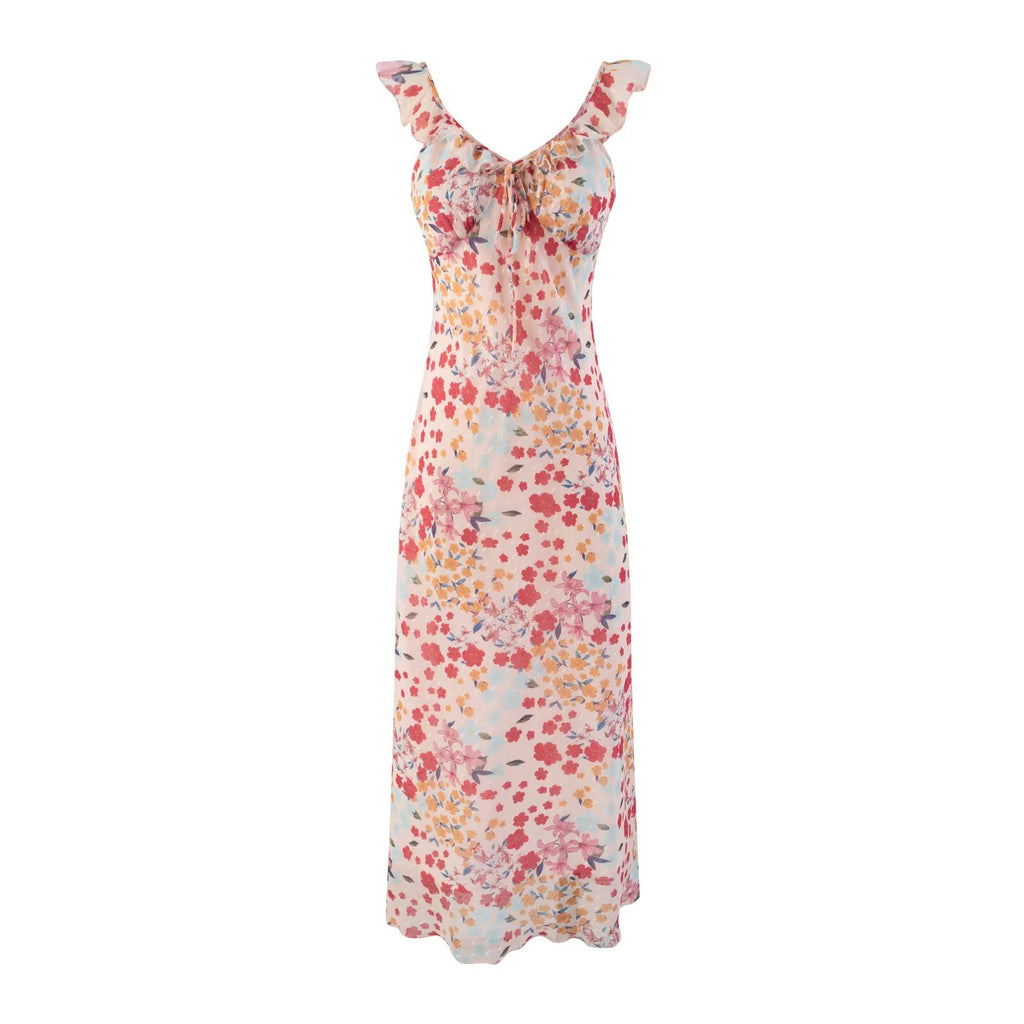 Women's V-Neck Floral Ruched Ruffle Tie Sleeveless Bodycon Midi Dress