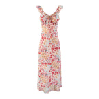 Women's V-Neck Floral Ruched Ruffle Tie Sleeveless Bodycon Midi Dress