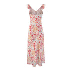 Women's V-Neck Floral Ruched Ruffle Tie Sleeveless Bodycon Midi Dress