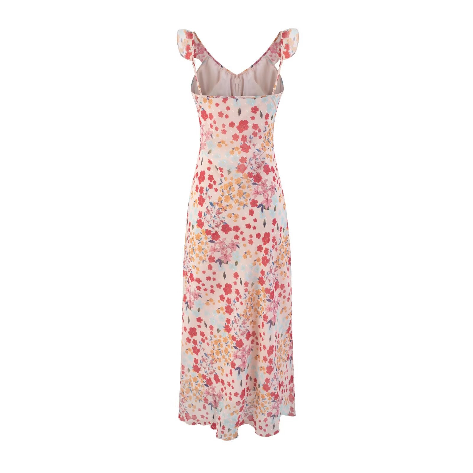 Women's V-Neck Floral Ruched Ruffle Tie Sleeveless Bodycon Midi Dress