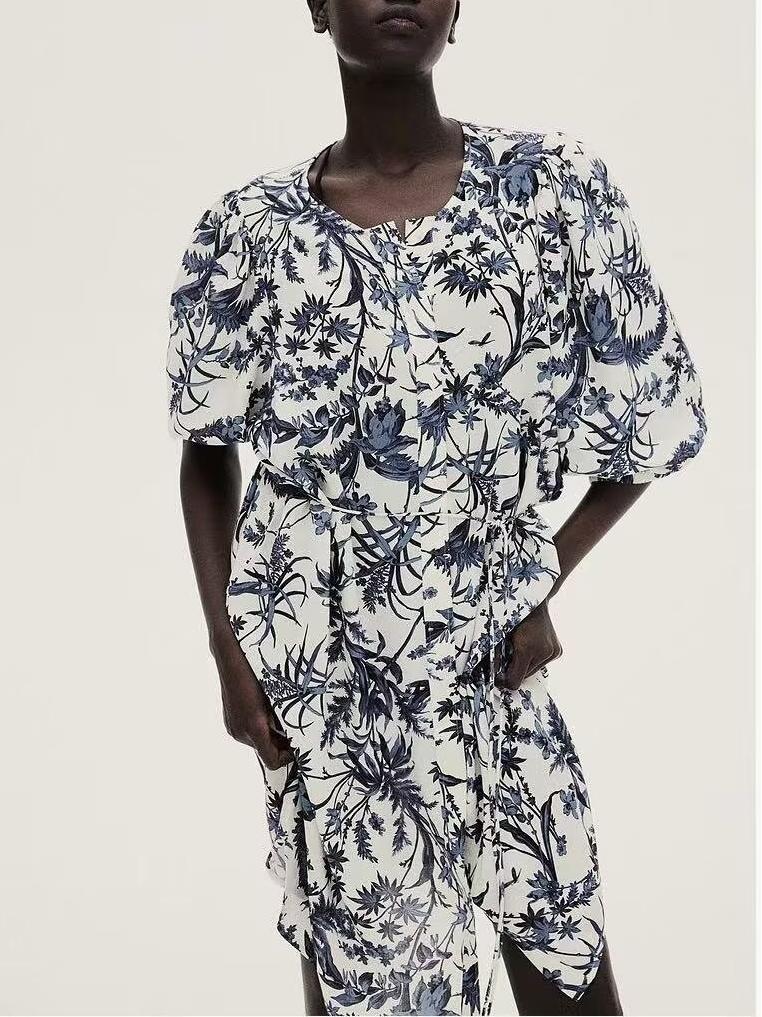 Women's Belted Floral Crew-Neck Dress