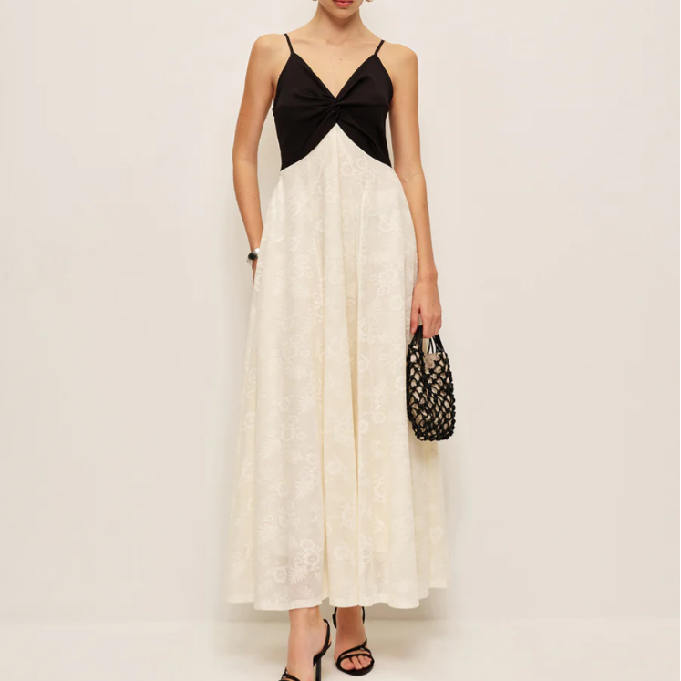 Color-Block V-Neck Sleeveless A-Line Midi Dress