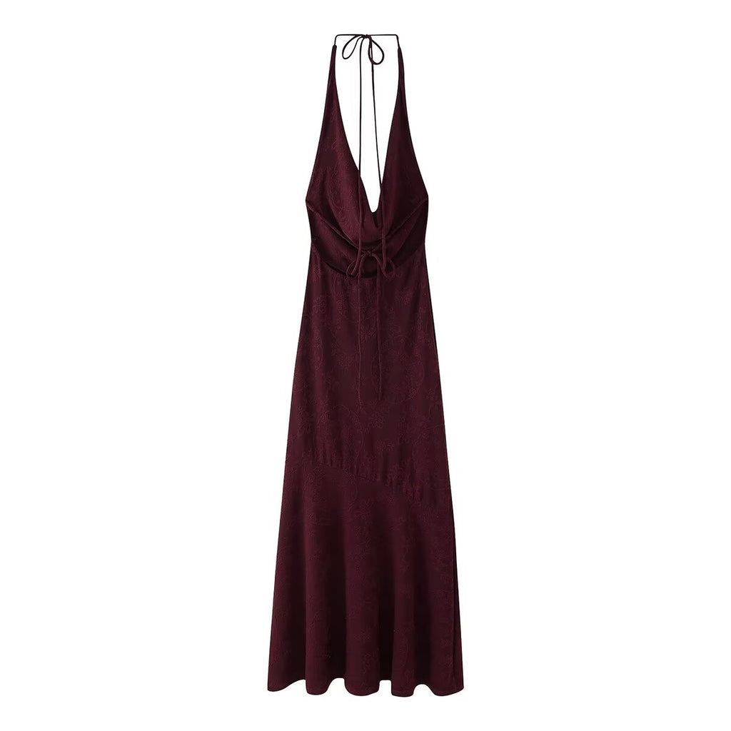 Women's Spring Summer Women Sexy Backless Silk Satin Texture Jacquard Halter Length Dress