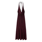Women's Spring Summer Women Sexy Backless Silk Satin Texture Jacquard Halter Length Dress