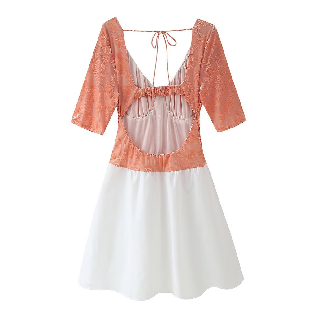 Lace-Up Burning Floral Stitched Backless Dress