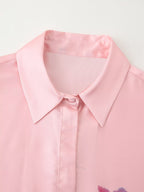 Women's French Floral Printed Silk Satin Textured Shirt