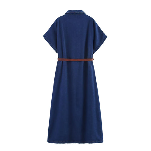 Women Clothing Summer with Belt Midi Denim Dress