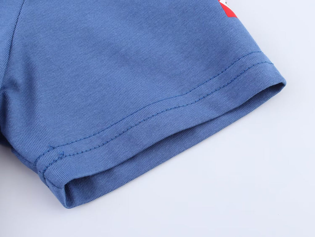 Women’s Blue Color Block Graphic Short Sleeve Top