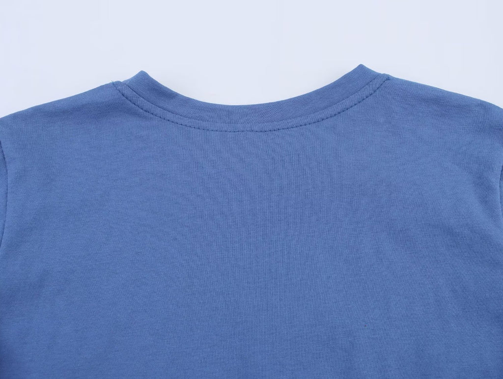 Women’s Blue Color Block Graphic Short Sleeve Top